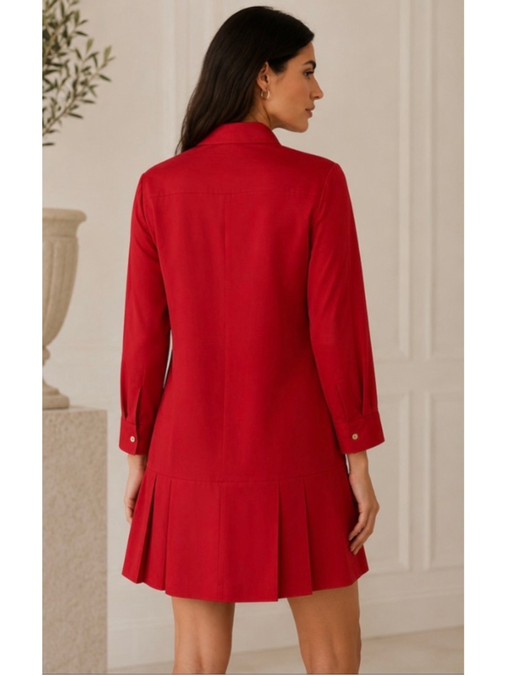 Prada Red Pleated Mini 100% Silk Shirt Dress Size 10 Preppy - Picture 2 of 7
